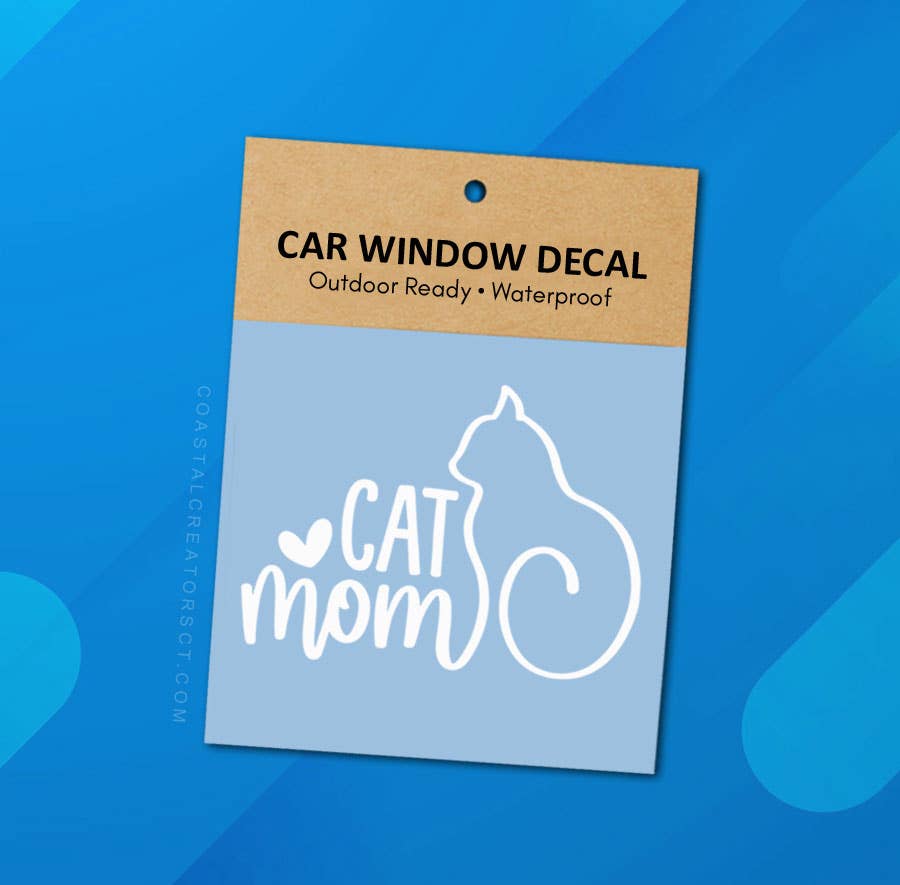 "Cat Mom" White Vinyl Window Decal (Packaged. 2 Sizes)