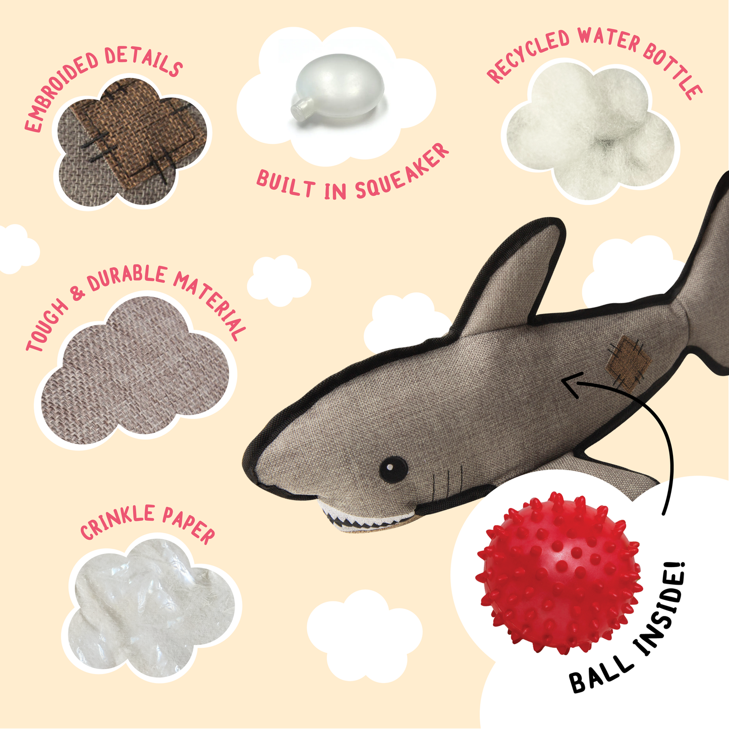 SnugArooz Saul the Shark w/ Rubber Spikey Ball Dog Toy 19"