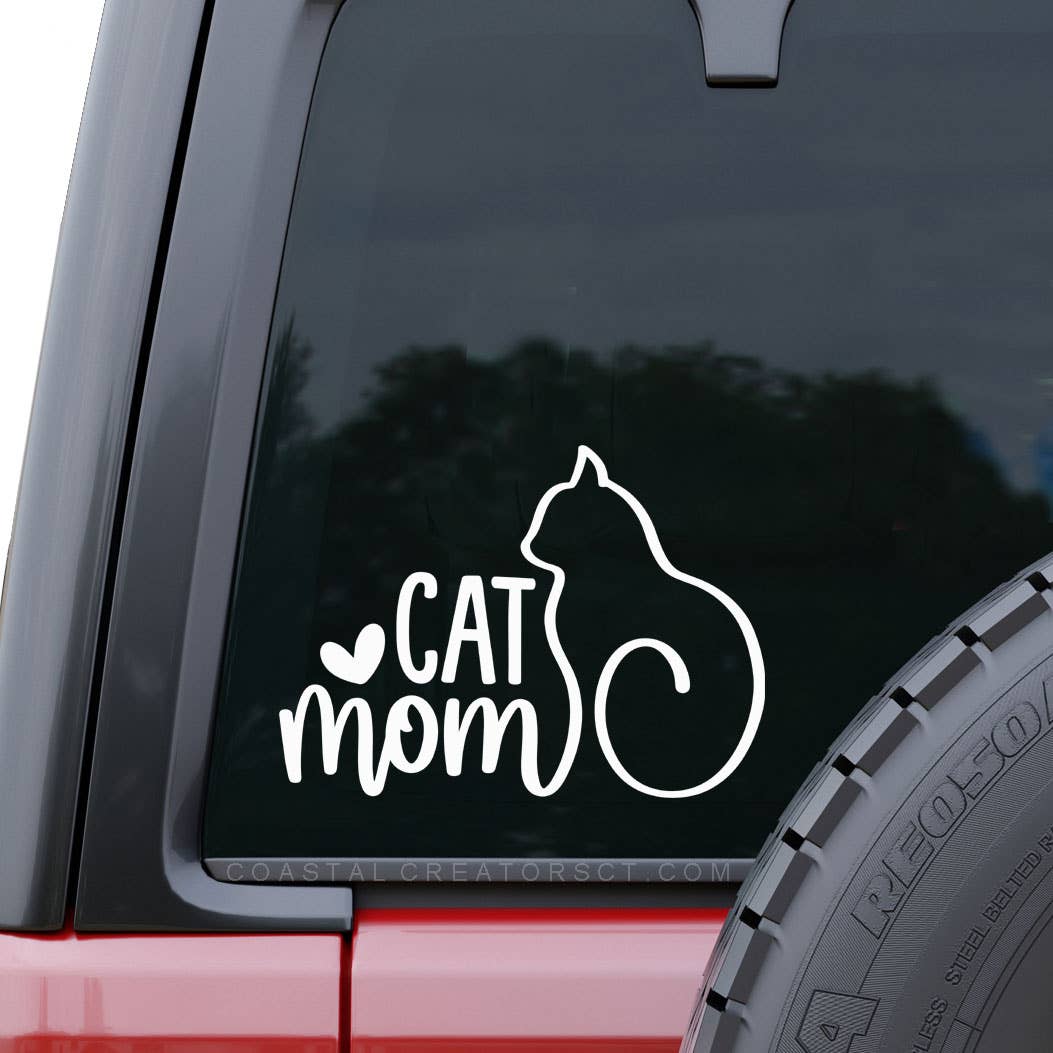 "Cat Mom" White Vinyl Window Decal (Packaged. 2 Sizes)