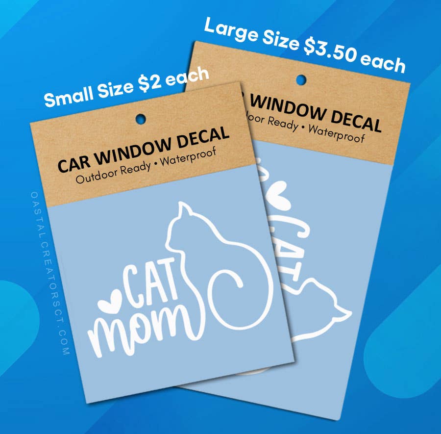 "Cat Mom" White Vinyl Window Decal (Packaged. 2 Sizes)