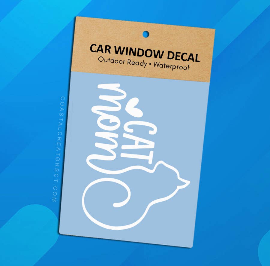 "Cat Mom" White Vinyl Window Decal (Packaged. 2 Sizes)