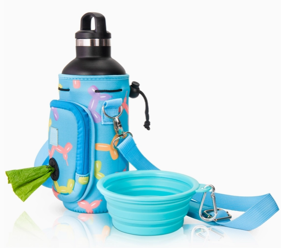 Made Easy Kit Water Bottle Carrier w/Pocket for Dog Poop Bag-Blue Baloon Dogs