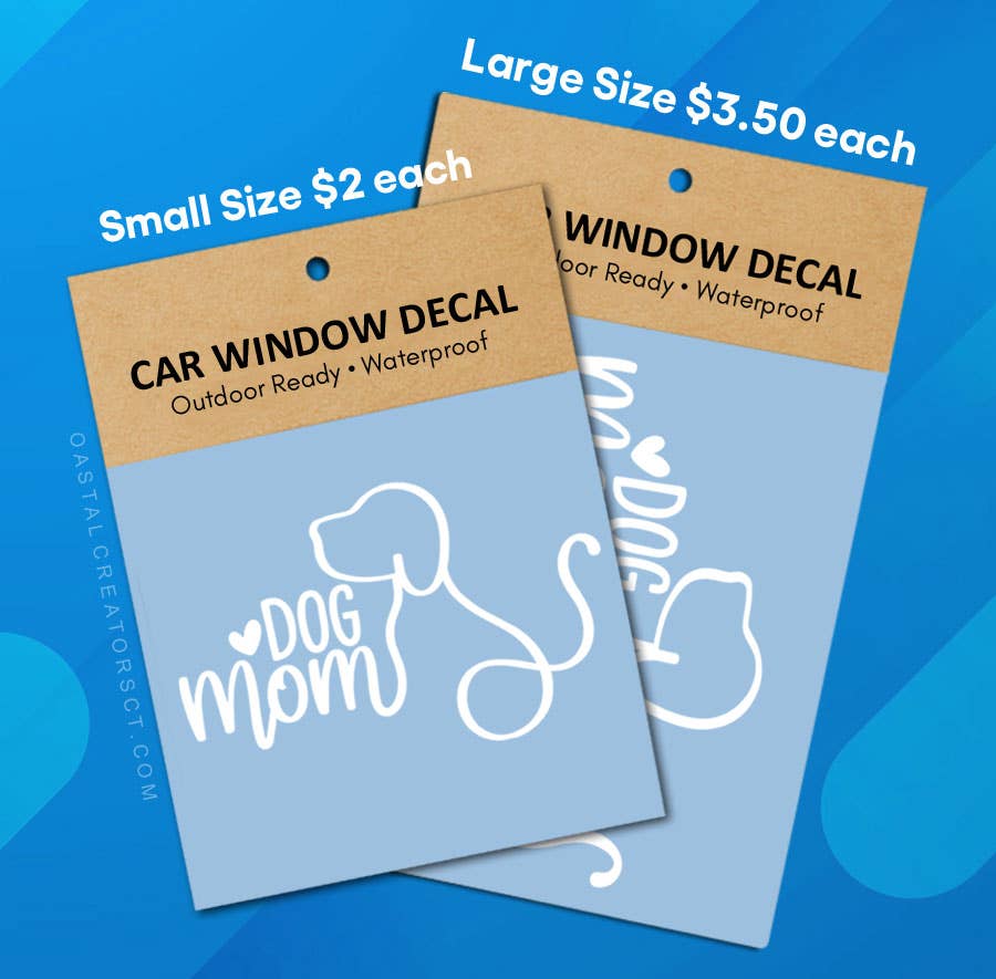 "Dog Mom" White Vinyl Window Decal (Packaged, 2 Sizes)