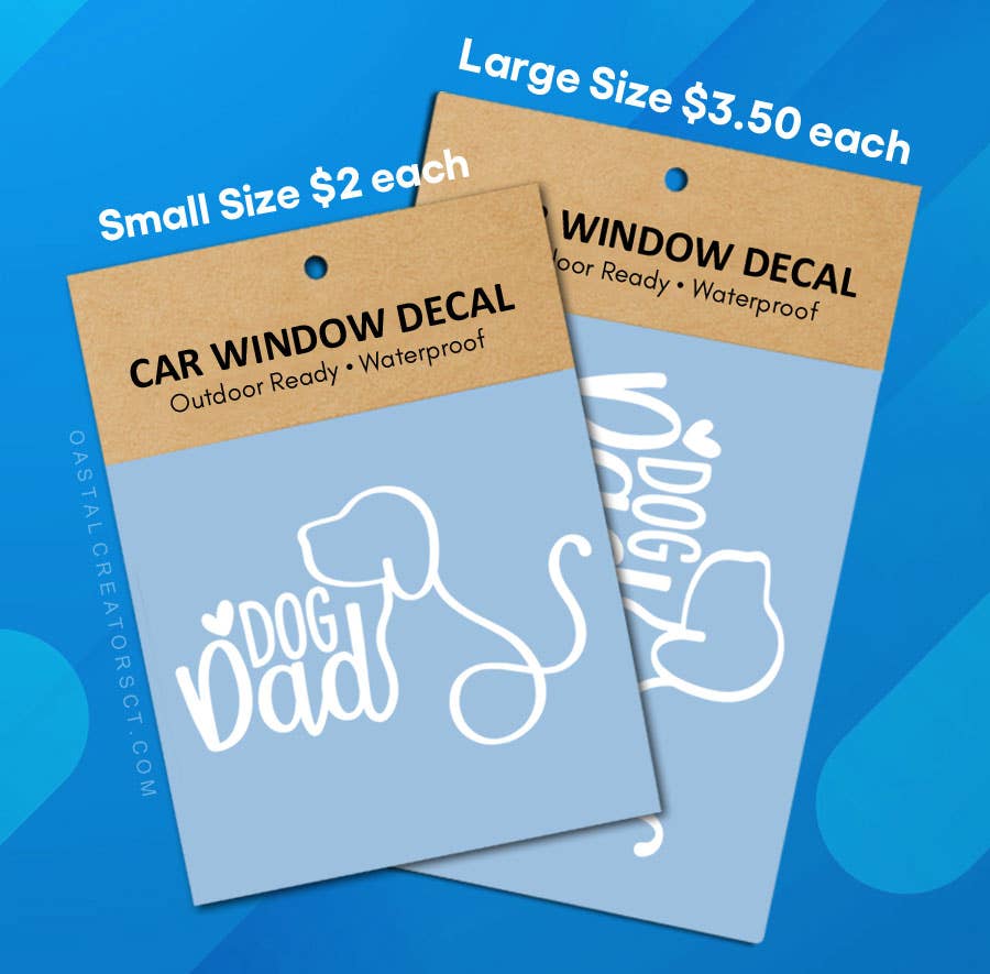 "Dog Dad" White Vinyl Car Window Decal (Packaged, 2 Sizes)