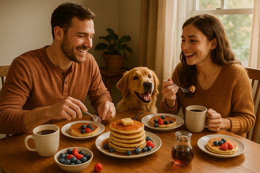 a breakfast table with a man and woman and their dog having a pancake breakfast