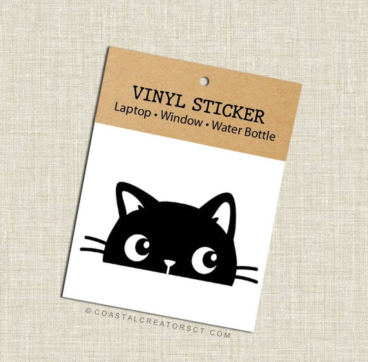 Peeking Cat Vinyl Laptop Sticker (Black, Packaged)