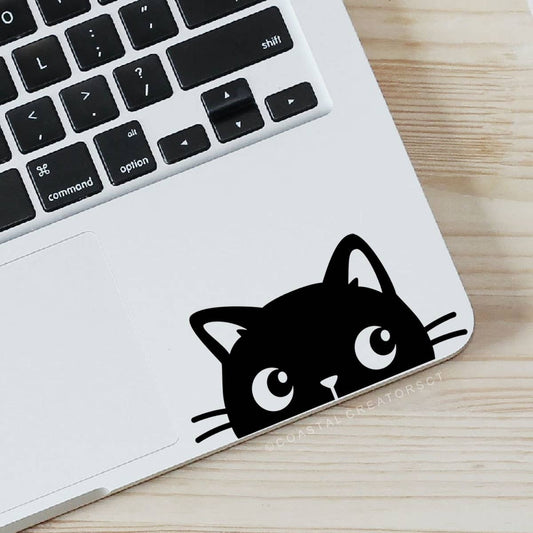 Peeking Cat Vinyl Laptop Sticker (Black, Packaged) Left Facing